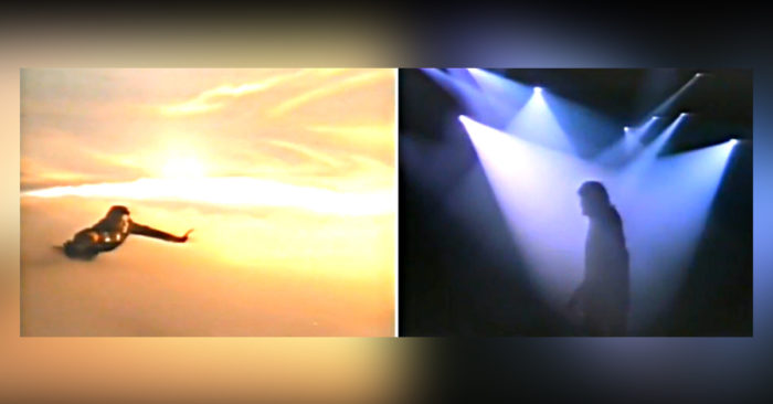 Jackson flying through sunlight. Jackson in the darkness on stage. Michael Jackson and the symbol sunrise, dawn.