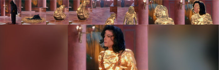 1992 Remember The Time. Dark figure in hooded cape changing into light figure (Jackson in gold).
 Michael Jackson and the symbol sunrise, dawn.