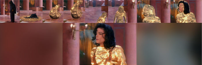 1992 Remember The Time. Dark figure in hooded cape changing into light figure (Jackson in gold).
Michael Jackson and the symbol sunrise, dawn.