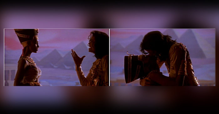 1992 Remember The Time. Iman als Königin steht Jackson als Sonnengott Horus gegenüber. Am Himmel zeigt sich Morgenröte. Ein Tage bricht heran. Jackson (Horus) beugt sich Iman, küsst sie. Michael Jackson und das Symbol Sonnenaufgang, Morgendämmerung. Michael Jackson aRt