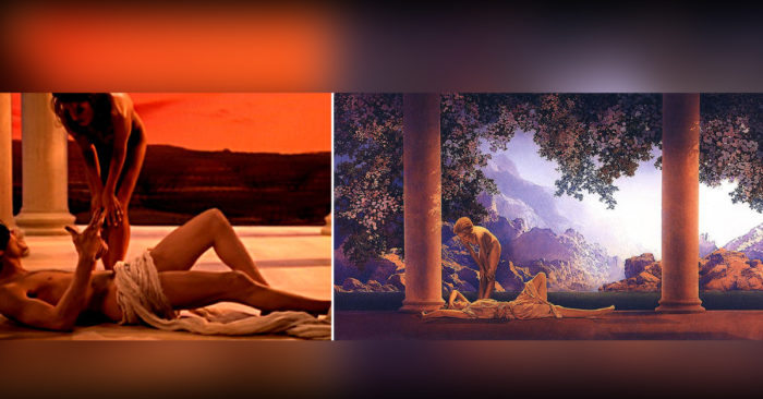 Michael Jackson, 1995, with wife Presley in You Are Not Alone. Jackson on the floor (powerless sun). Second image: The same scene in Maxfield Parrish "Daybreak" from 1922.
Michael Jackson and the symbol sunrise, dawn.