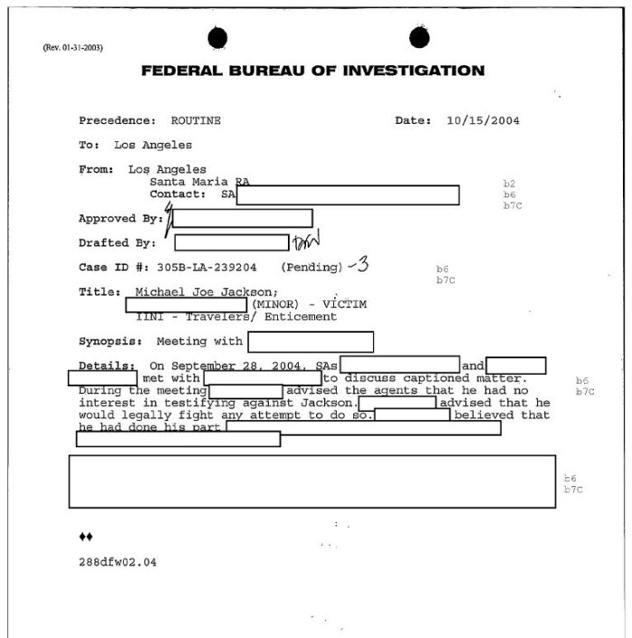 Aktenauszug des FBI über Jordan Chandlers Aussageverweigerung gegen Jackson 2004