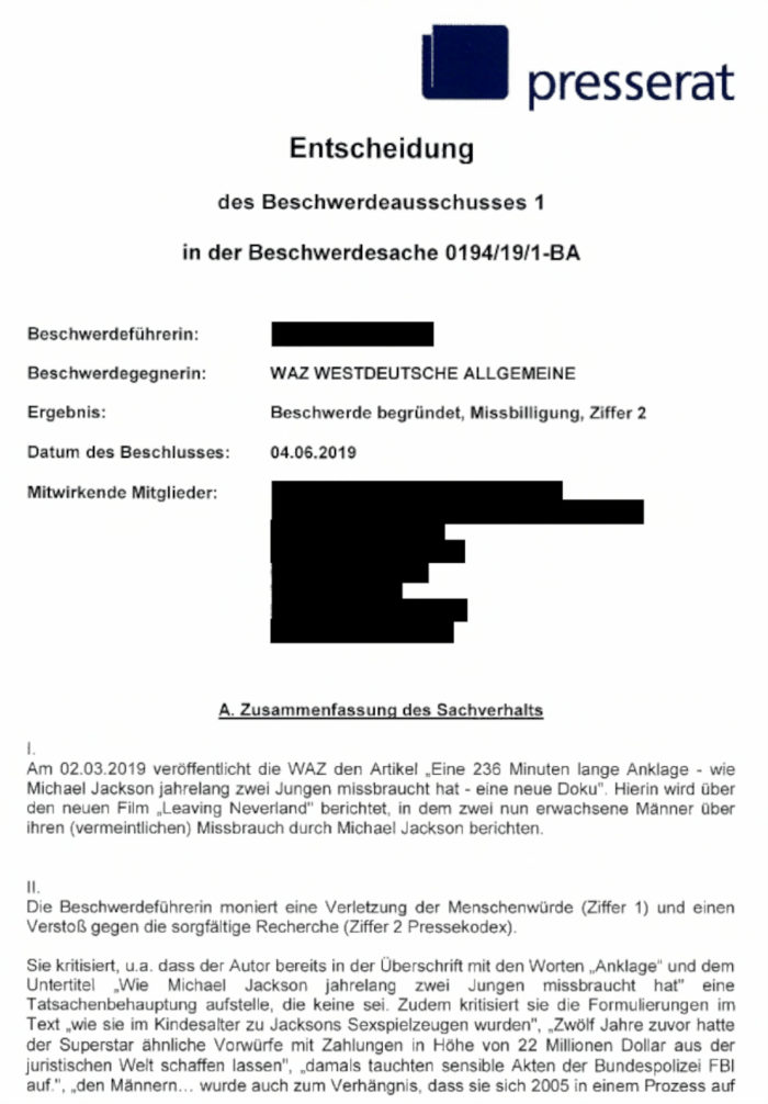 Michael Jackson Dirk Hautkapp Leaving Neverland 2019 Deutsche Presserat Missbilligung