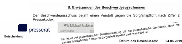 Dirk Hautkapp WAZ sanktioniert mit Missbilligung durch Deutschen Presserat in Report über Michael Jackson
