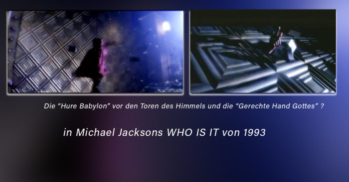 Michael Jackson Who Is It und die Frau in purpurnem Umgang vor einem Tor und aus einer Klappe zeigt eine Hand.