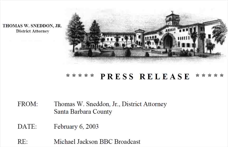 Michael Jackson Staatsanwalt Tom Sneddon 2003 Presseerklärung Casting Victims Opfer Website Santa Barbara