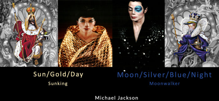 Michael Jackson Dangerous Cover 1991 Symbol/Meaning: Sunking/Sonnenkönig versus Moonwalker in Blue, Silver.
Light and Darkness. Licht und Finsternis