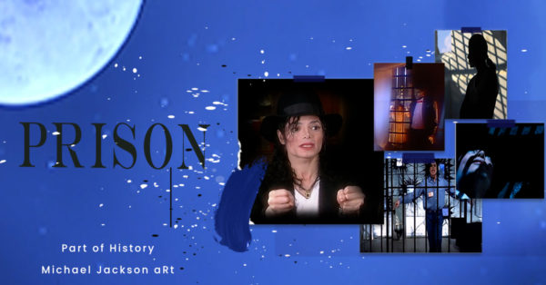 Michael Jackson Gitter Gefängnis Collage auf Billie Jean, They Don't Care About Us, Moonwalker, In the Closet. Der Entertainer ist von Gitterstäben umgeben - Beitragsbild Facebook