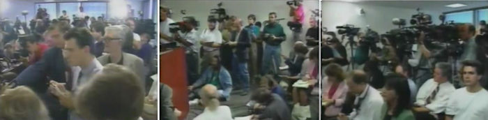 Anthony Pellicano und Michael Jackson in Chandlers "Schachspiel der Hölle" Pressekonferenz 1993 um die Tonbander Evan Chandler und Dave Schwartz