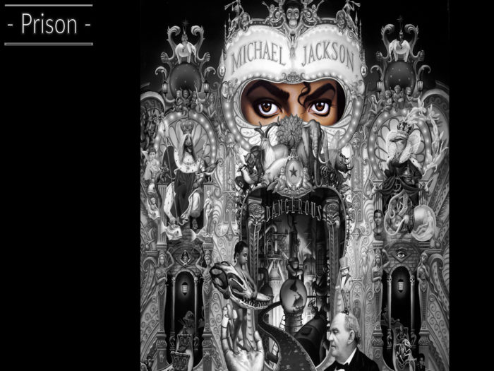 Michael Jackson auf seinem Dangerous Album Cover in schwarz weißer Darstellung. Einzig hervorgehoben ist Jacksons Gesicht hinter der Fassade. Über diese Betrachtung wirkt Jackson wi gefangen im Zirkus der Unterhaltungsindustrie.