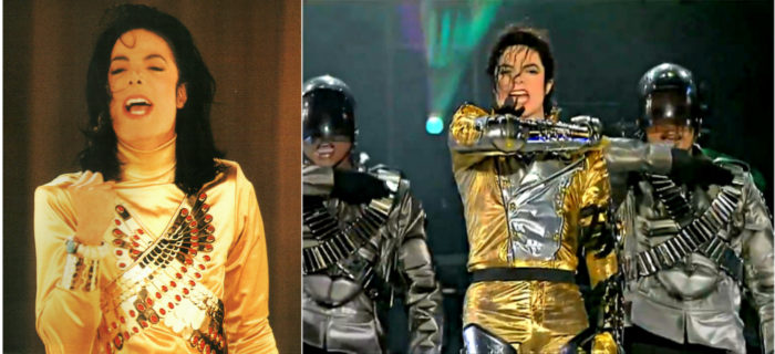 Michael Jackson Dangerous Symbol Sonne. rechts: Remember The Time mit goldenem Shirt und Flügel auf der Brust, rechts: in goldenem Anzug als Anführer einer "Armee" von Tänzern. Live. 