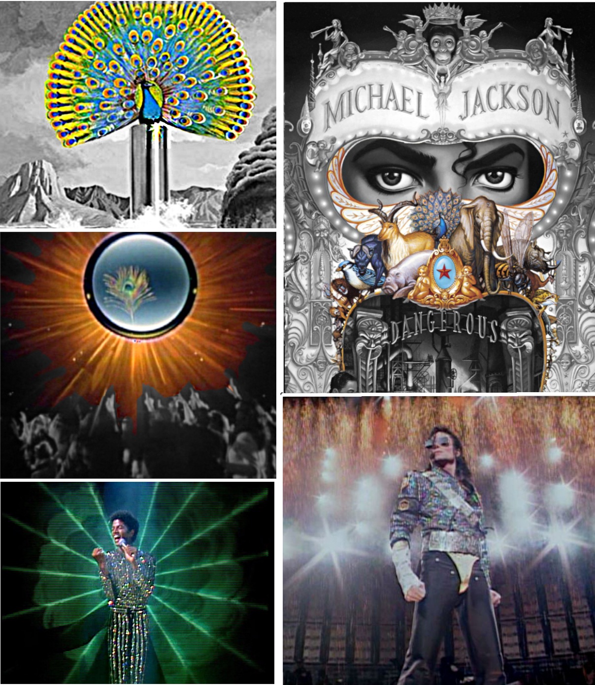 Michael Jackson Symbol Pfau auf Album Destiny, Album Dangerous, in Can You Feel it Video, in Rock With You und Live zum Konzertbeginn mi Jam.