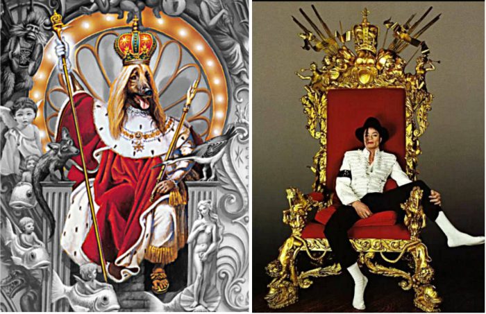 Michael Jackson King of Pop und sein Dangerous Album Cover von 1991. Fotocollage links der Hund auf dem Cover, rechts Jackson auf einem Thron in Neverland