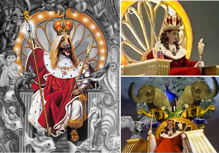 Montage of king in dog shape on DANGEROUS cover (MJ), the girl on the throne in Pepsi Commercial Dreams. Behind her throne appears a collection of animals like elephants and the peacock in the middle.